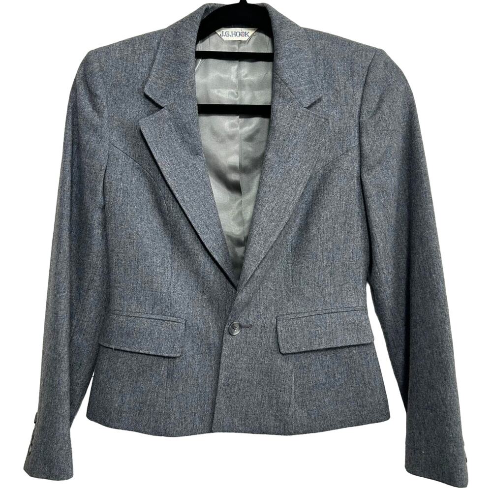 Vintage JG Hook Gray Wool One Button Blazer 4P Petite USA Union Made 80s Office